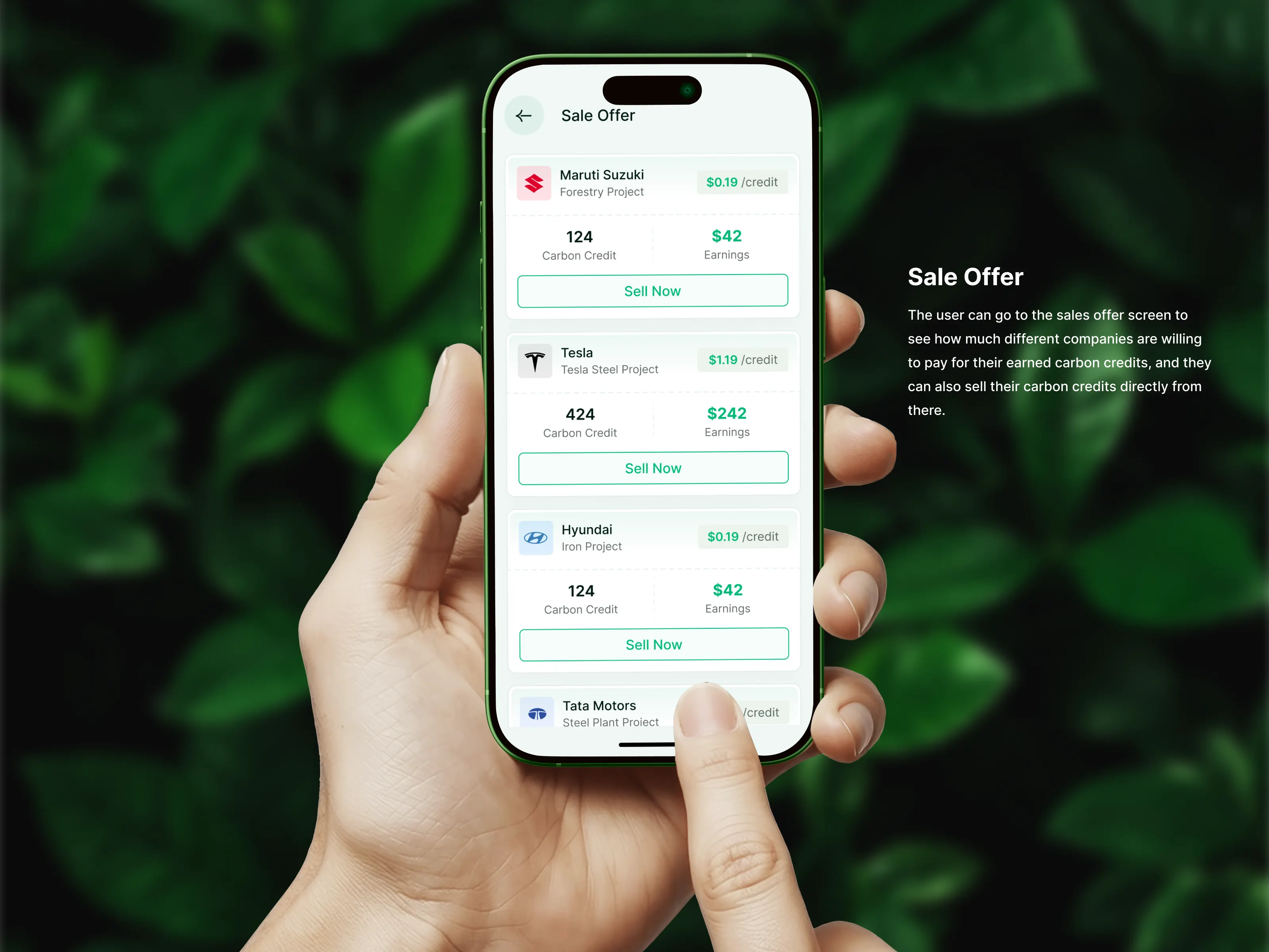 Trion Energy Sale Offer Screen - Carbon credit marketplace showing offers from companies like Tesla, Maruti Suzuki, and Hyundai
